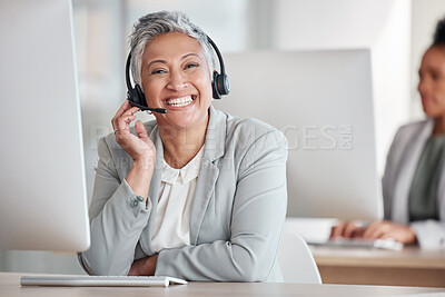 Buy stock photo Call center, portrait and happy woman agent, consultant or indian worker in telemarketing service or technical support. Face of telecom, virtual communication or web help desk person on workspace PC