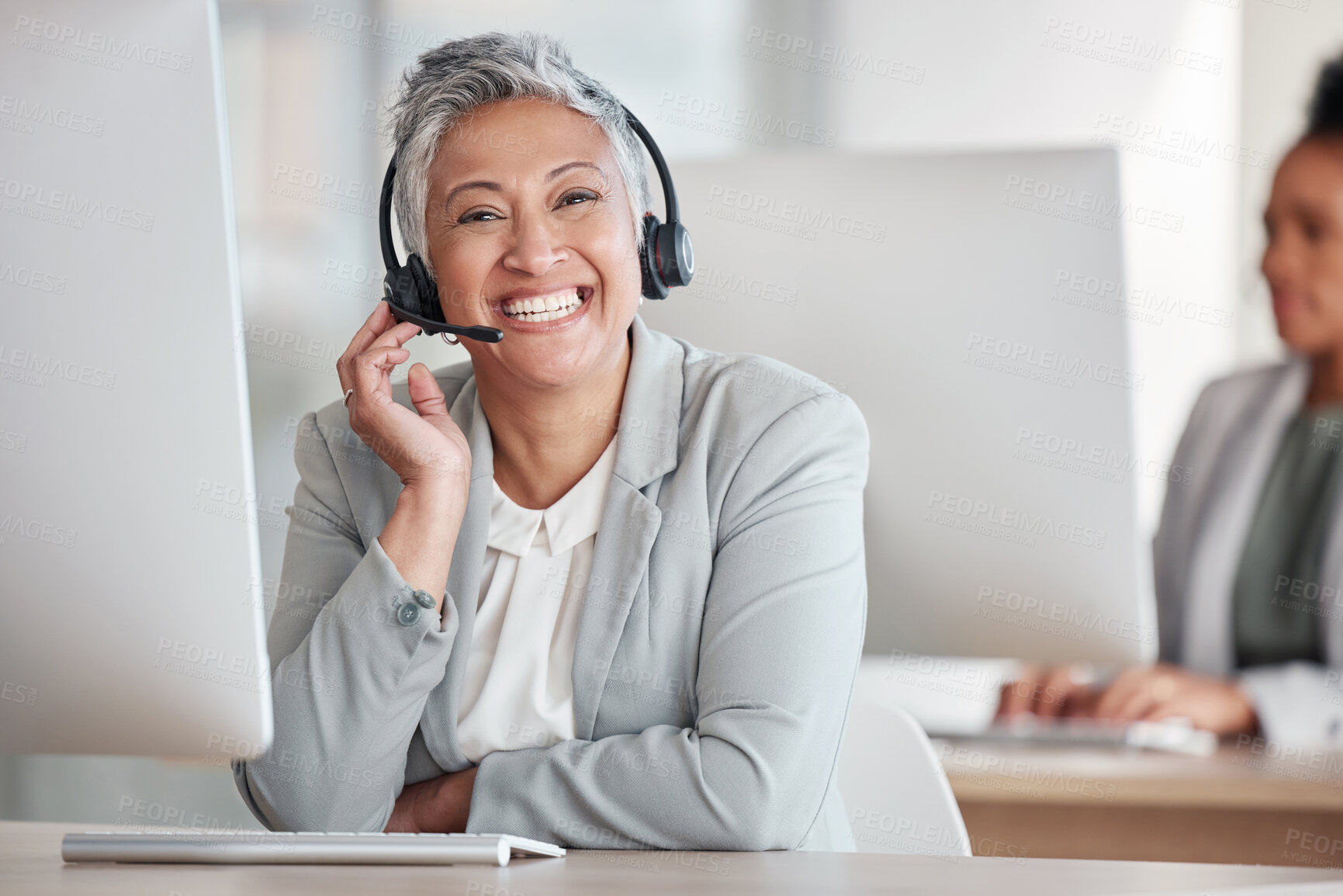 Buy stock photo Call center, portrait and happy woman agent, consultant or indian worker in telemarketing service or technical support. Face of telecom, virtual communication or web help desk person on workspace PC