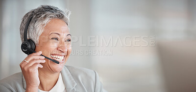 Buy stock photo Callcenter consultant, senior woman and CRM, happy with mockup and phone call, communication and contact us. Female with laugh, customer support banner or telemarketing, agent and help desk employee
