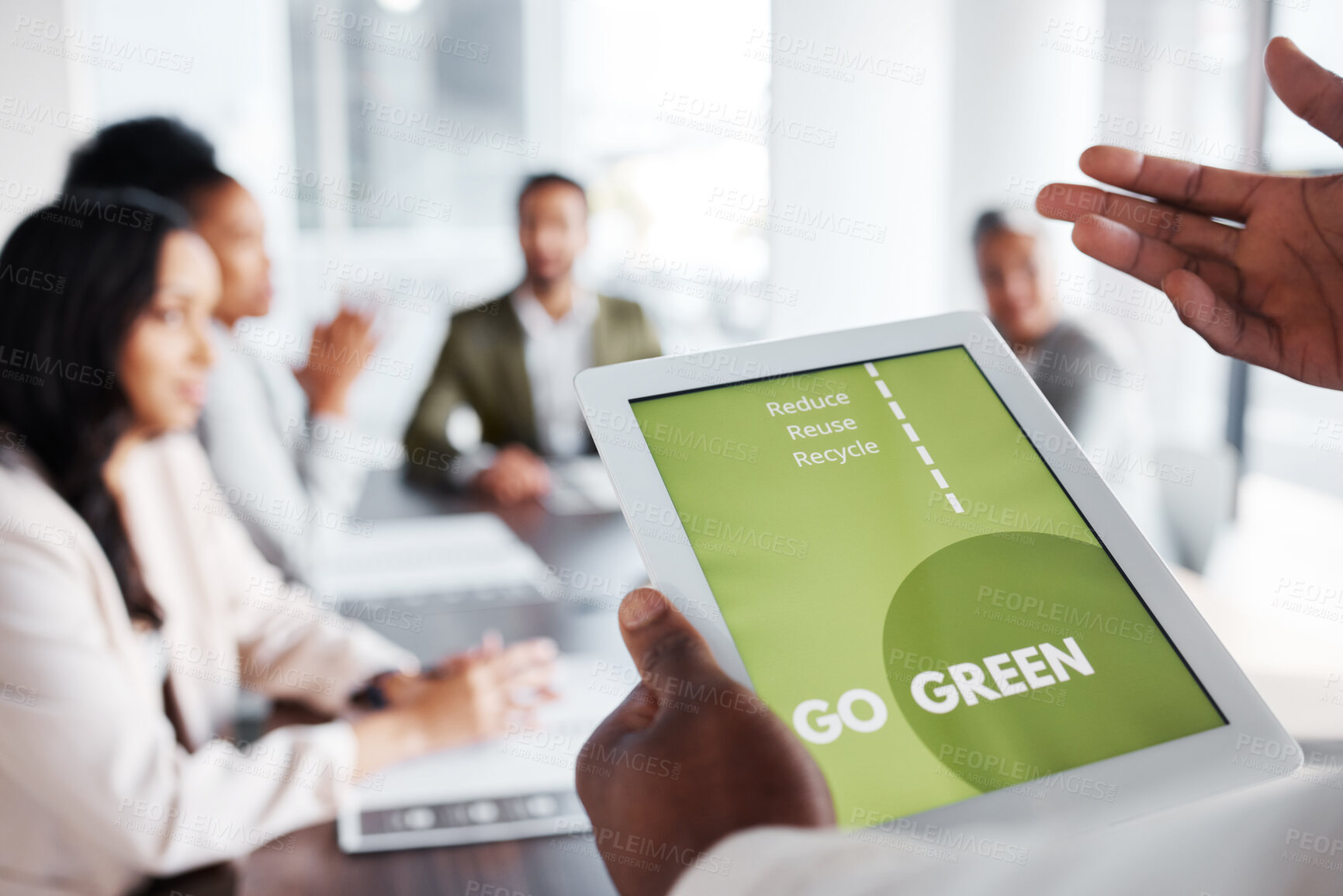 Buy stock photo Go green, business meeting and people on tablet screen for sustainable project, eco friendly investment and growth. Paperless or vegan presentation, sustainability and man speaker speaking to clients