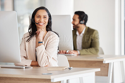 Buy stock photo Call center, smile and woman consulting for crm, telemarketing and friendly customer service. Happy, workforce and lady consultant in office for online help, support, faq or contact us for advice