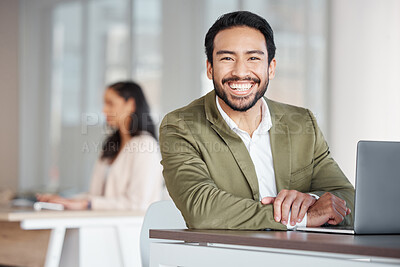 Buy stock photo Portrait of happy business man, laptop and planning at office desk, digital project and trading. Male employee, smile and computer for data update, website strategy and research innovation online 