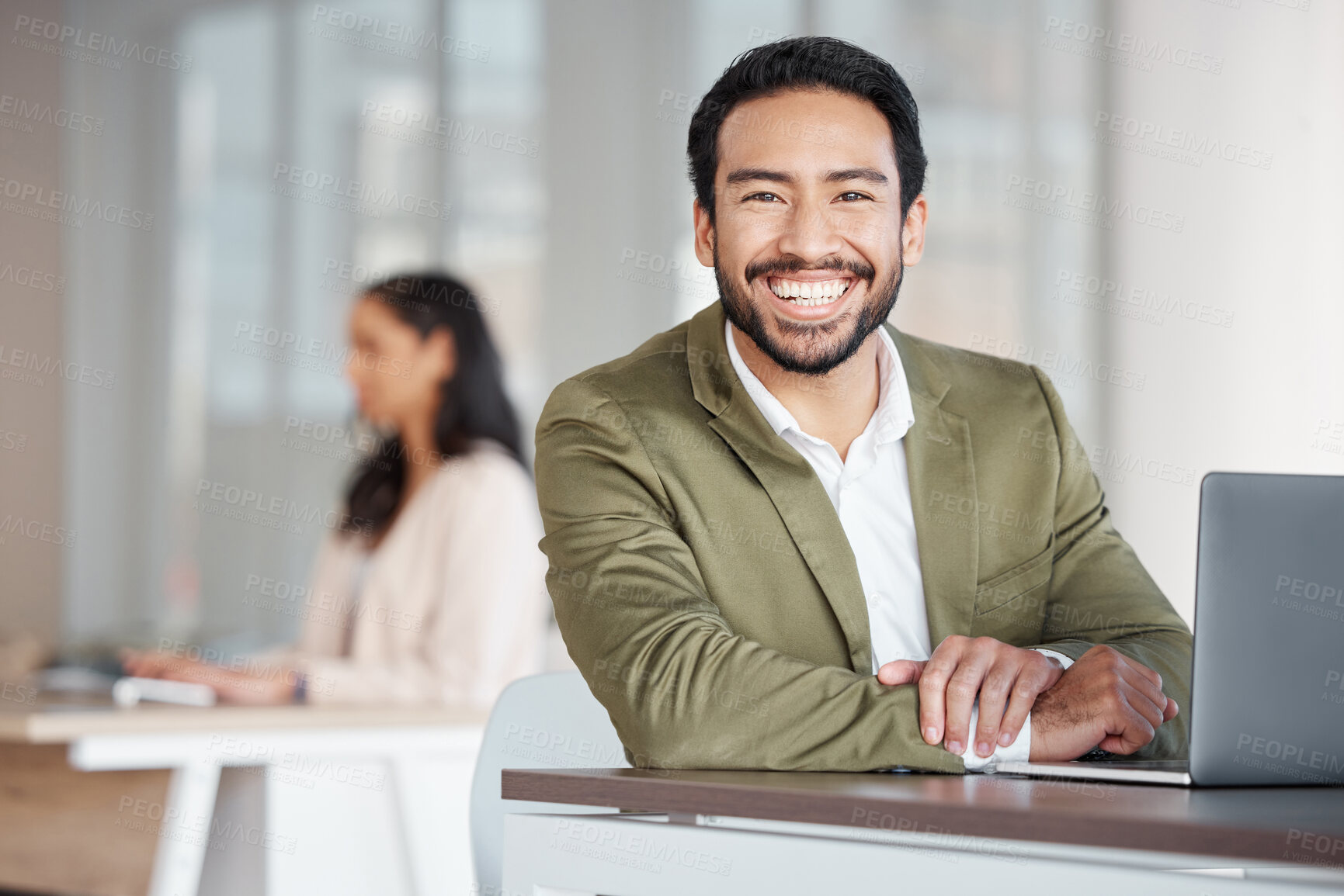 Buy stock photo Portrait of happy business man, laptop and planning at office desk, digital project and trading. Male employee, smile and computer for data update, website strategy and research innovation online 