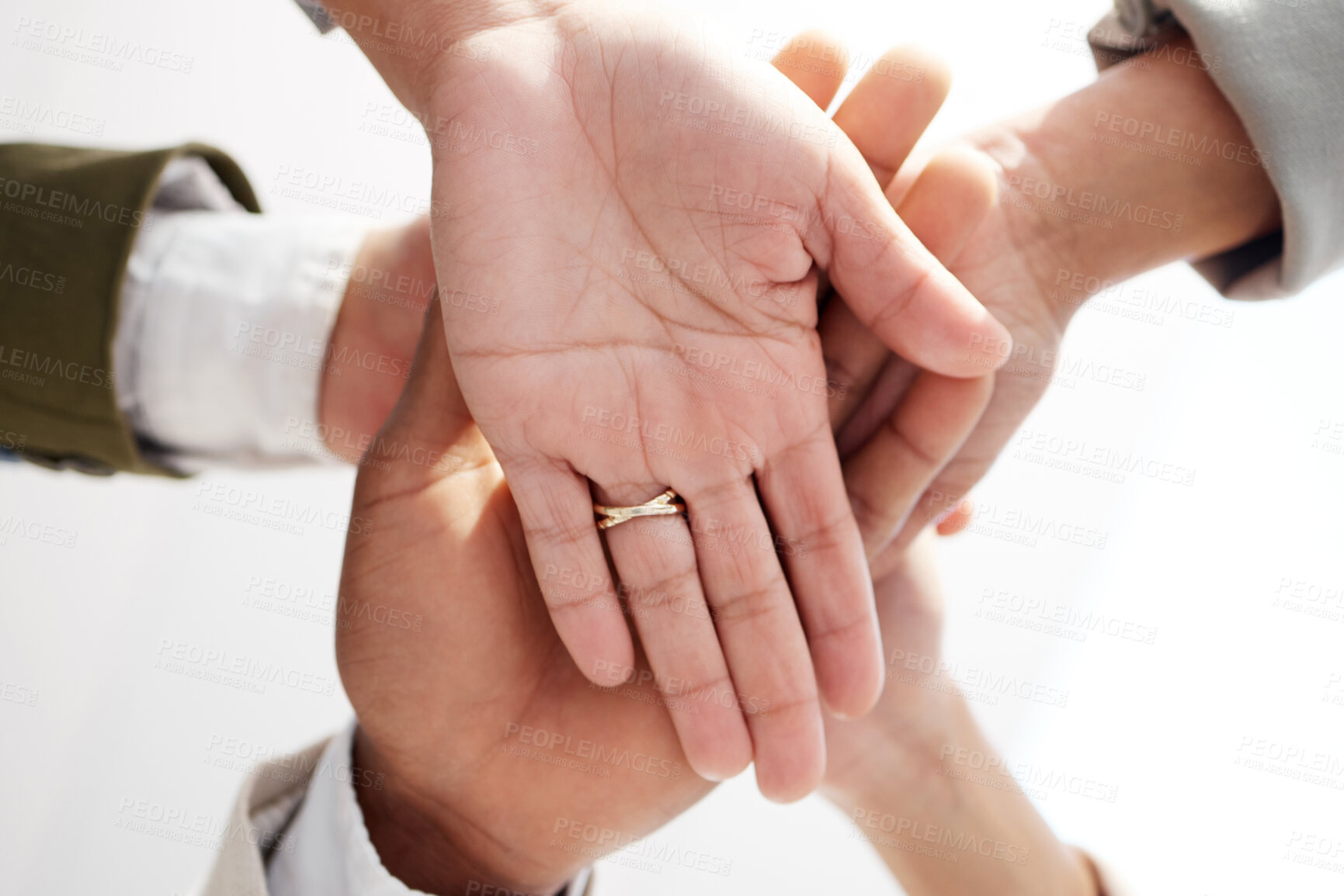 Buy stock photo Teamwork, closeup and hands stacked of support, target or team building mission in circle or group motivation below. Business people, together hand sign in community goals or professional cooperation