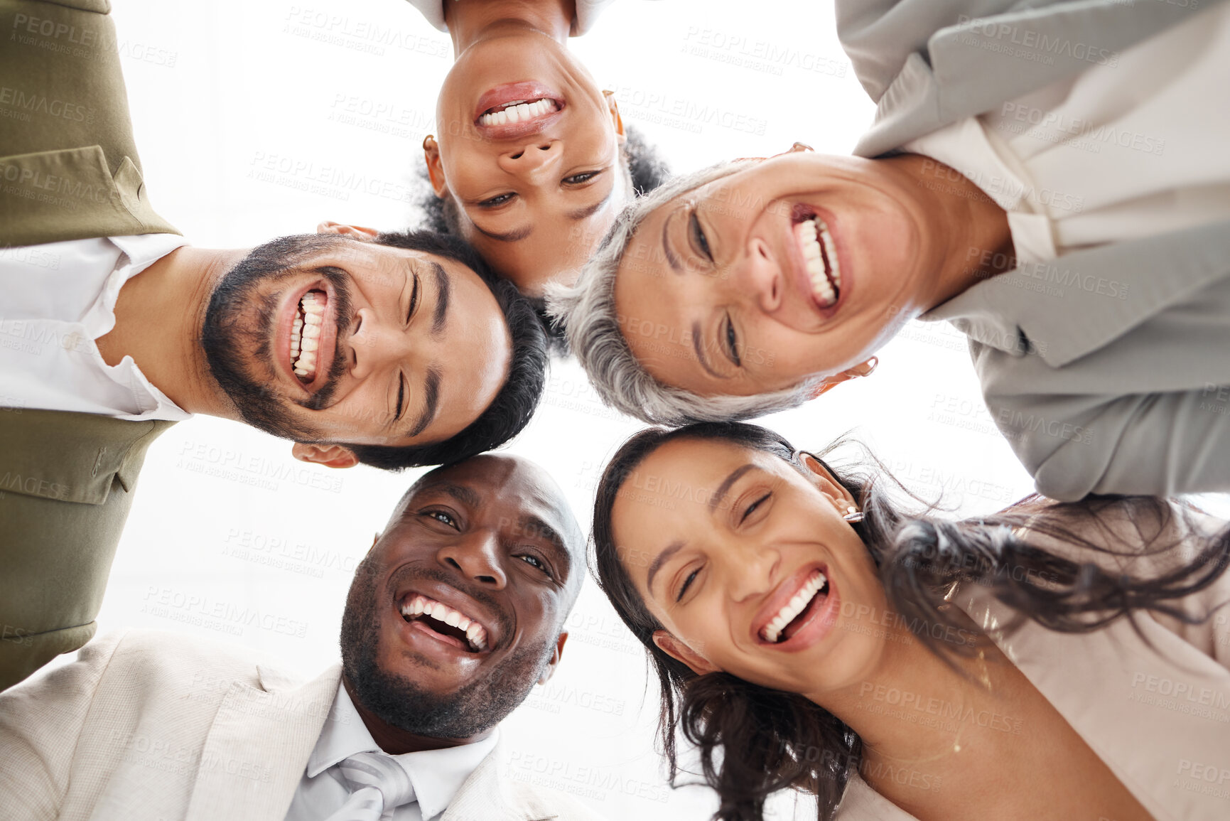 Buy stock photo Portrait, below and business group of people with smile for career teamwork, team building and collaboration. Happy diversity staff, face of employees or men and women in circle for professional work