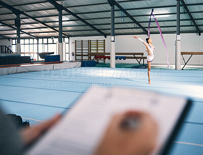 Buy stock photo Ribbon dancing, dance exam and woman gymnast with fitness, performance art and training. Gymnastics, girl and show of a gymnastic dancer in a exercise competition with creative workout and checklist