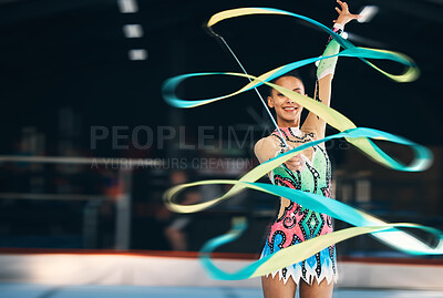 Buy stock photo Ribbon dancing, portrait and happy woman in gymnastics competition, talent show and dark mockup arena. Female dancer, rhythmic movement and smile for action, creative performance and sports concert