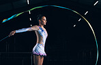 Ribbon gymnastics, woman and serious dancer in talent show, competition and dark mockup arena. Focused female athlete, rhythmic movement and dancing solo performance, creative sports or concert event