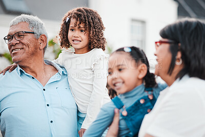Buy stock photo Family, children and happy outdoor with grandparents in backyard for love, care and happiness. Girl kids, senior man or elderly woman together for support, quality time or security in backyard garden