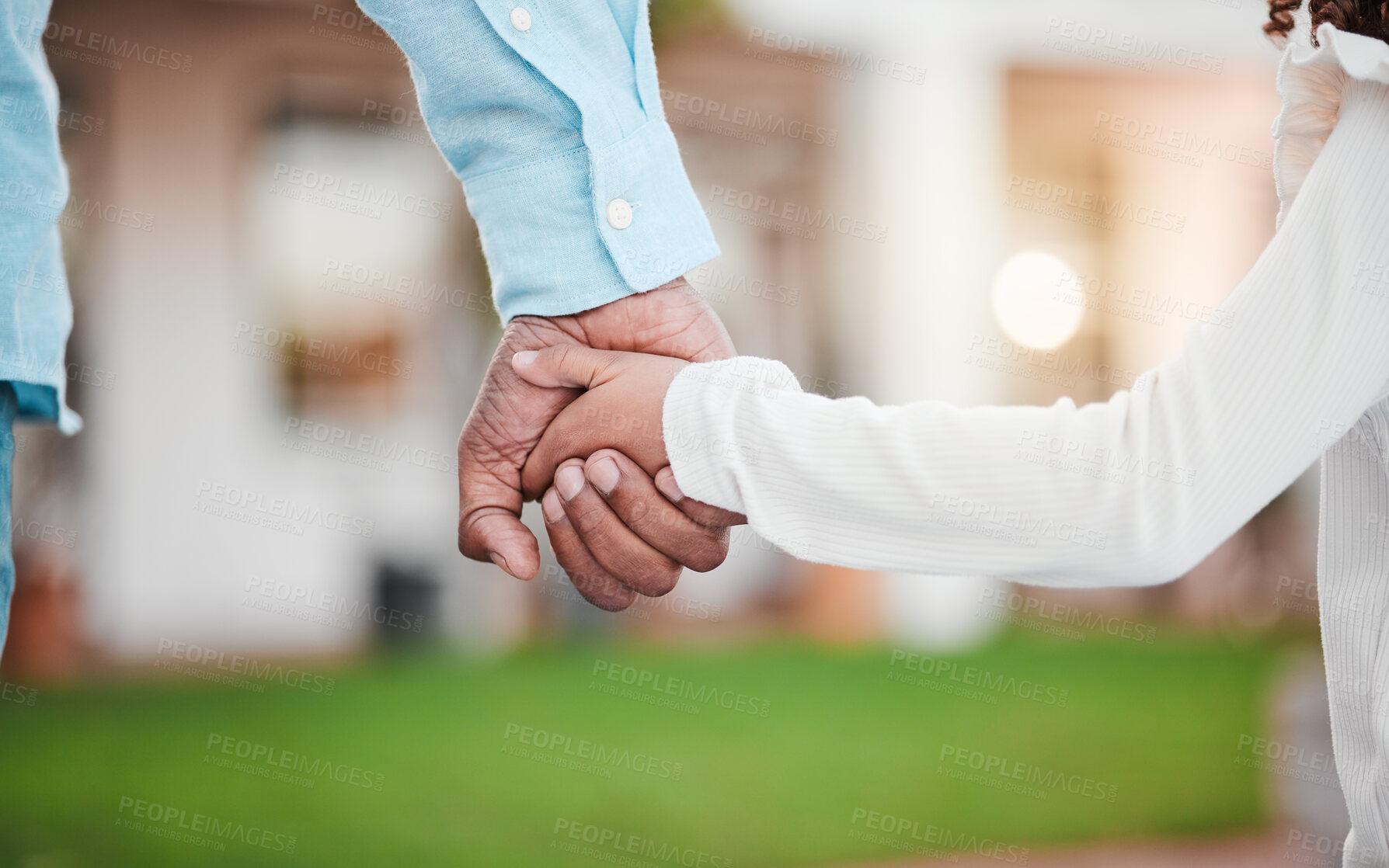 Buy stock photo Holding hands closeup, parent and kid together in garden with dad love, care or support. Papa, family and child hand in outdoor solidarity, nature and trust with father and young person in affection