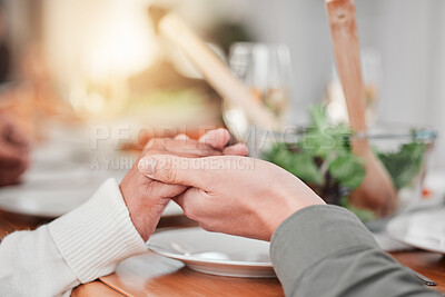 Buy stock photo Family, dinner and party, hands together for prayer, gratitude for food and love, celebration and holiday. Worship, thank God and relationship, hungry people with meal and social event or gathering