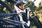 Forest, man and mountain bike in nature of a cyclist ready for training, exercise and bicycle workout outdoor. Athlete, cycling and off road biking of a male doing sports for health and wellness