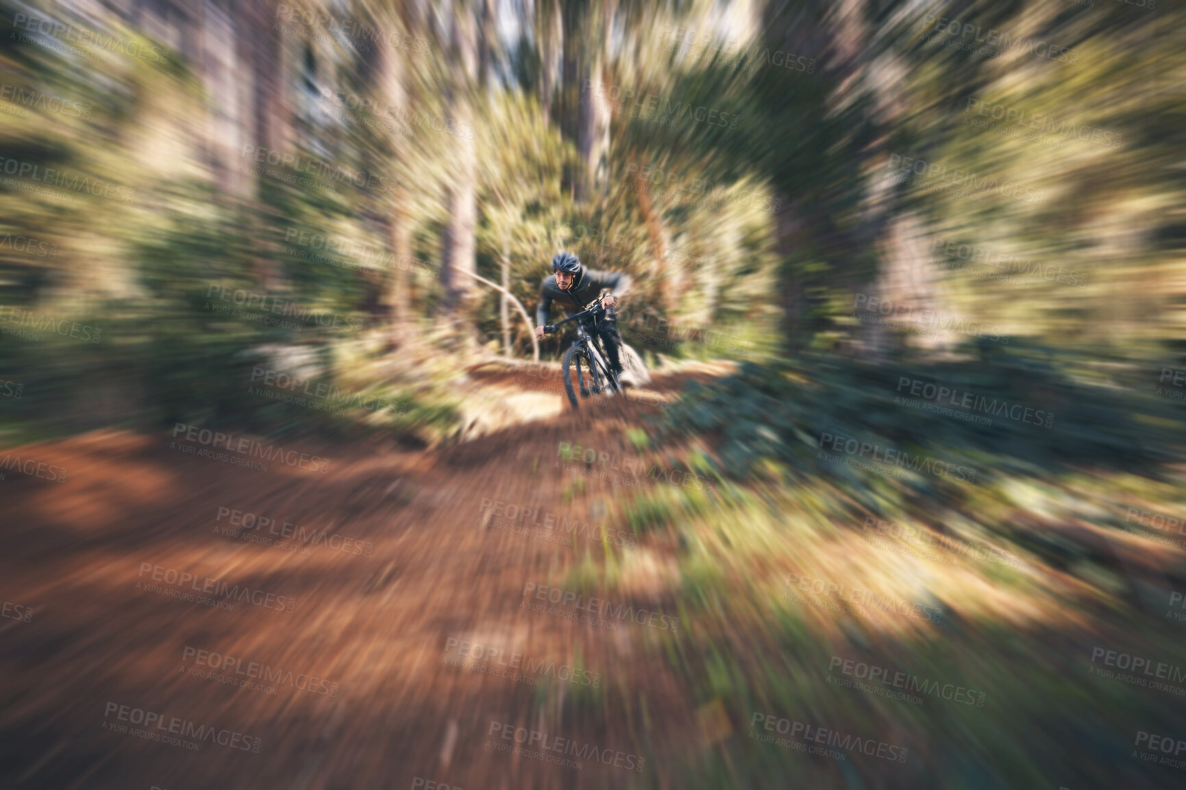 Buy stock photo Bike, cycling and motion blur with a man in nature for fitness, adventure or freedom in the forest. Bicycle, exercise and a male athlete cyclist outdoor in the woods for cardio or endurance training