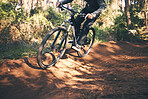 Fitness, bicycle and man outdoor on a nature path with extreme and exercise adventure. Bike, cycling and sport of an athlete with speed and workout for sports training and race action with freedom