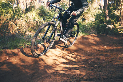 Buy stock photo Fitness, bicycle and man outdoor on a nature path with extreme and exercise adventure. Bike, cycling and sport of an athlete with speed and workout for sports training and race action with freedom