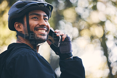 Buy stock photo Man, cycling and phone call outdoor in nature for sports, exercise or training on a mountain bike. Athlete male person on a smartphone for communication with contact for a fitness workout in a forest