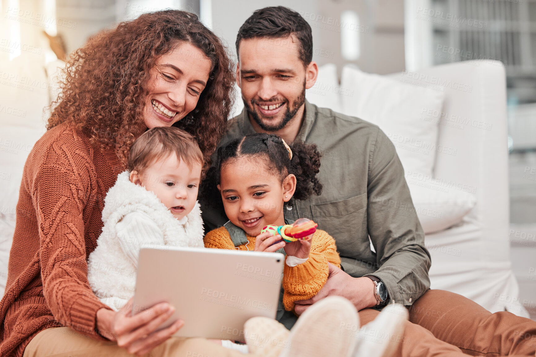 Buy stock photo Tablet, sofa and mom, dad and children relax watching movies, cartoon and film together for quality time. Happy family, love and parents with kids on digital tech for educational games or video