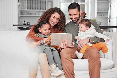 Buy stock photo Happy family on couch with tablet, children and bonding, streaming service for child development video with mockup space. Mother, father and kids on sofa, happiness and smile in digital entertainment