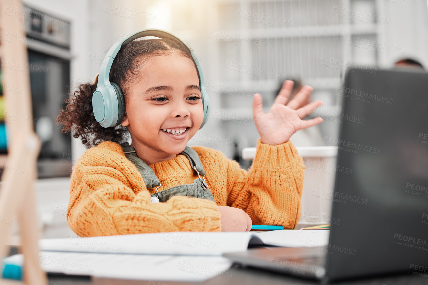 Buy stock photo Elearning, online class and child wave on a internet call with laptop and a smile. Education, computer and happy kid with technology for remote learning, studying and knowledge development with tech