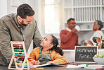 Education, homework and father with child in home for helping, learning and school lesson. happy family, development and girl with book, educational toys and  abacus for maths, study and class