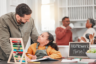 Buy stock photo Education, homework and father with child in home for helping, learning and school lesson. Happy family, development and girl with book, educational toys and  abacus for maths, study and class