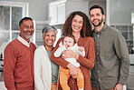 Big family portrait and happiness in a home with mother, grandparents and baby together. Parent love, smile and dad with elderly people and happy child in a house kitchen with support and care