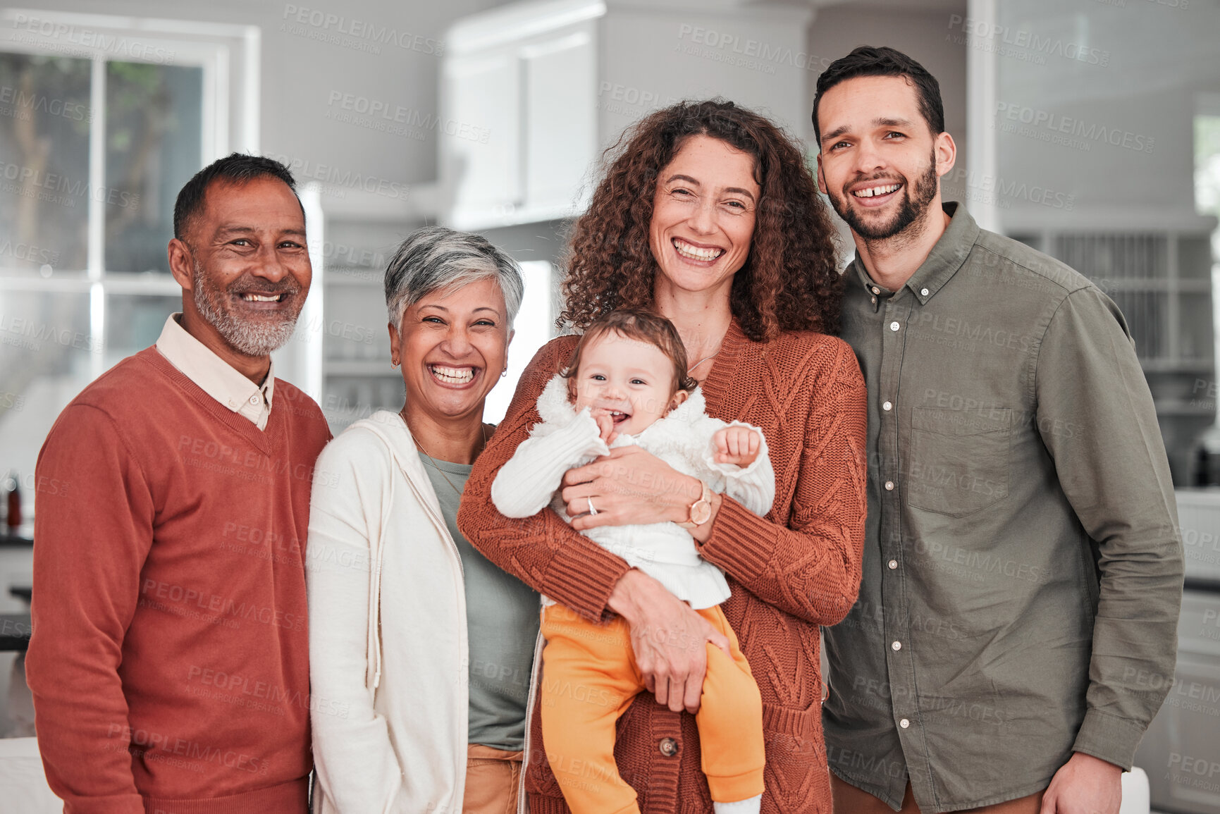 Buy stock photo Big family, portrait and happiness in a home with mother, grandparents and baby together. Parent love, smile and dad with elderly people and happy child in a house kitchen with support and care