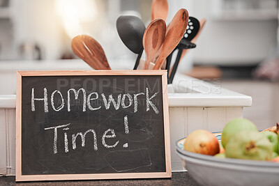 Buy stock photo Education, house and a board for homework on a table, house rules and note for school work. Learning, creative and a chalkboard sign with an instruction for studying, knowledge and an activity