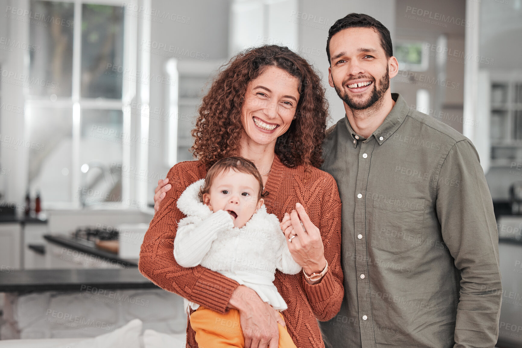 Buy stock photo Mom, dad portrait and happiness with baby in a new home together excited. Parent love, smile and papa with happy child in a house kitchen with support and care from father and mother feeling relax 