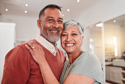 Buy stock photo Portrait, smile and senior couple in home, bonding and embrace together. Love, retirement and face of elderly man and woman with happiness, commitment or hugging while enjoying romantic time in house