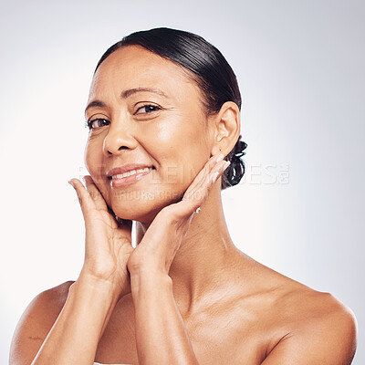 Buy stock photo Senior woman in portrait, beauty and antiaging skincare, natural cosmetics and face isolated on studio background. Happy female, cosmetic care for aging skin and smile with dermatology and hygiene