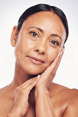 Buy stock photo Old woman in portrait, beauty and antiaging skincare, natural cosmetics and face isolated on studio background. Female, facial and cosmetic care for aging skin, dermatology and hygiene with glow