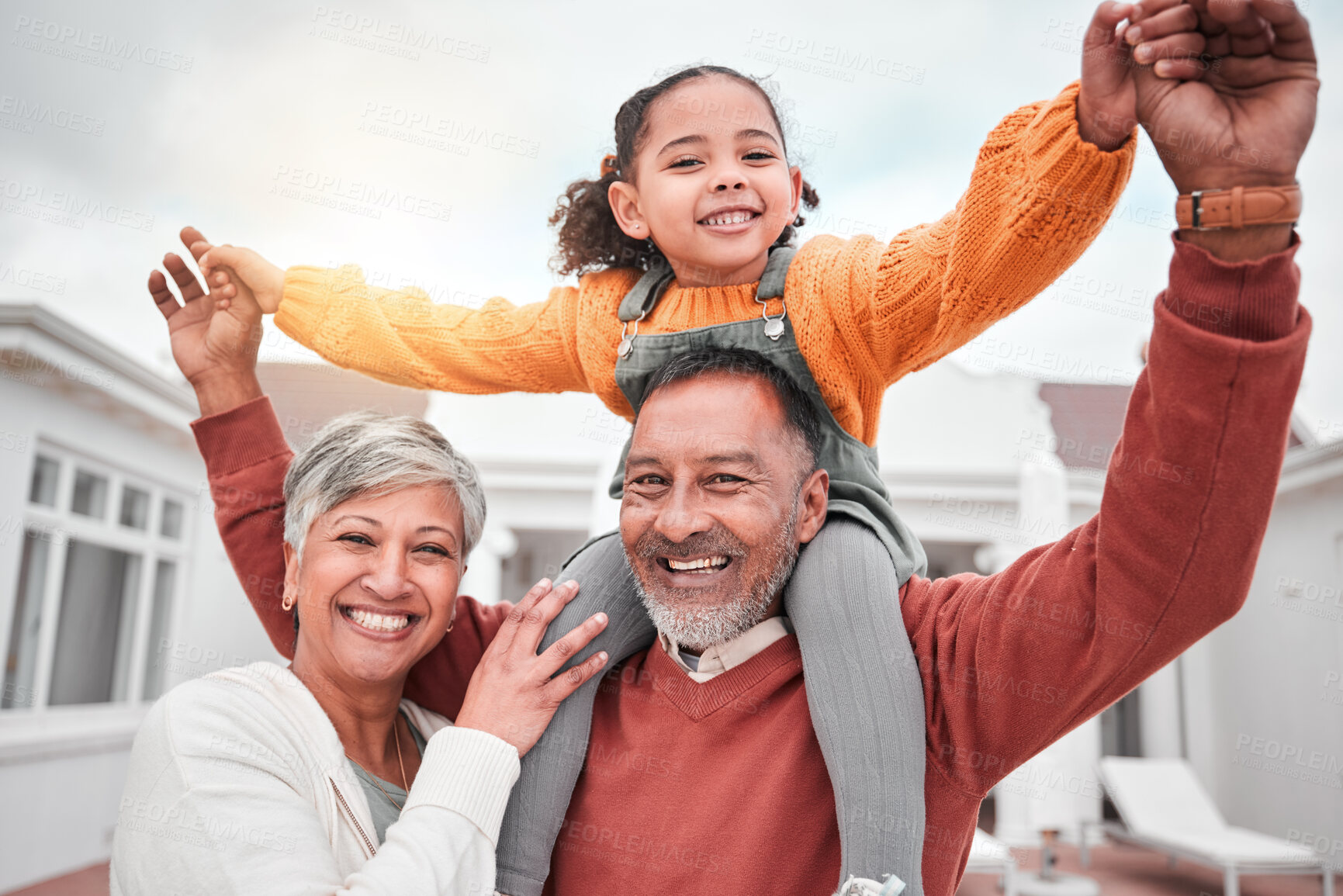 Buy stock photo Happy, smile and portrait of grandparents and child for bonding, playful and affectionate. Weekend, free time an happiness with family on lawn at home for support, care and holiday together