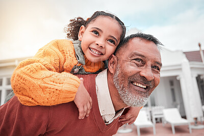Buy stock photo Smile, piggy back and grandfather with child in yard of house, happiness and security at family home. Relax, happy old man and girl bonding in backyard together with love and outdoor fun on weekend.
