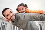 Portrait, piggy back and happy man with child in yard of new house, happiness and security at family home. Homeowner, father and girl bonding in backyard together with love and outdoor fun on weekend