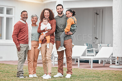 Buy stock photo Family, generations and happy in portrait outdoor, grandparents and parents with children at holiday home. Men, women and kids, love and care in relationship with smile and people on vacation