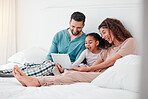 Mom, dad and child on bed with tablet, watching movies, streaming service for child development and educational video. Happy family bonding in bedroom, man and woman with girl, smile and happiness.