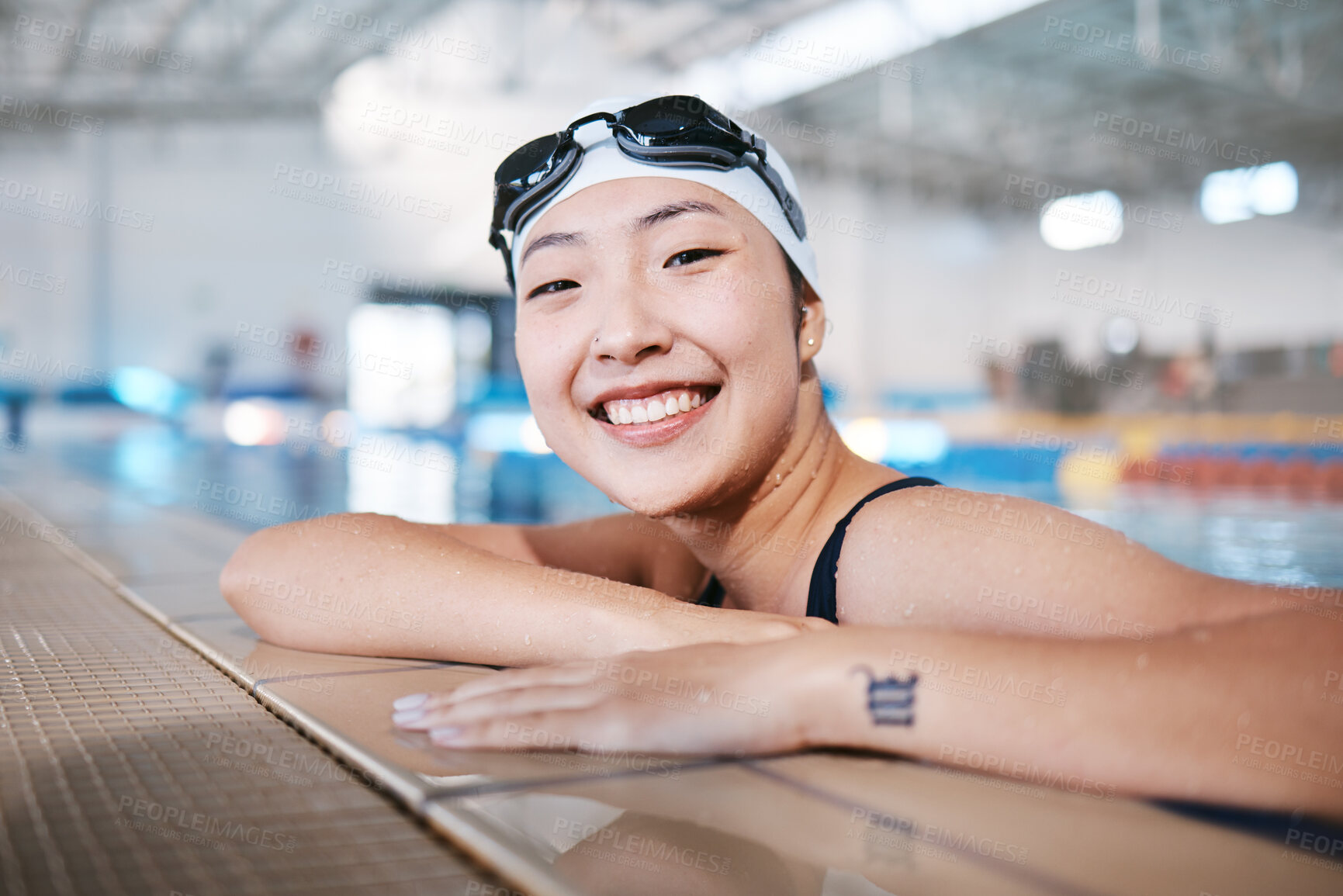 Buy stock photo Professional swimming, portrait of happy woman in water at pool for exercise, wellness and winner mindset. Water sport, workout and champion asian swimmer at swim competition with smile and happiness