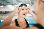 Sports, women or funny friends in swimming pool training, workout and exercise for wellness together. Athlete swimmers, cap or happy Asian girls speaking or bonding in fitness or healthy lifestyle 
