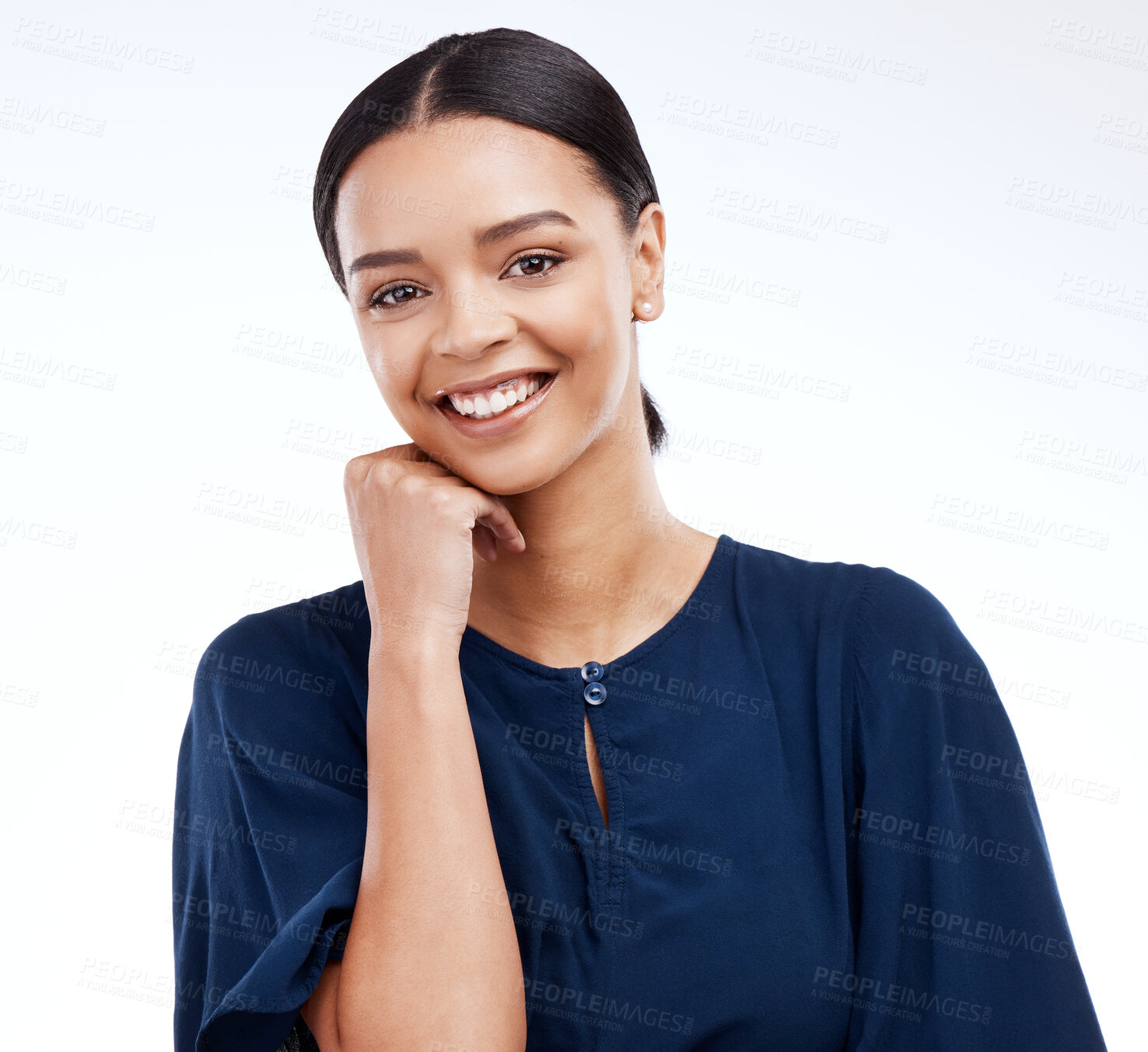 Buy stock photo Portrait, face and happy with a woman on a white background and isolated in a studio while looking positive. Confidence, smile and an attractive young female standing with hand on chin and cheerful