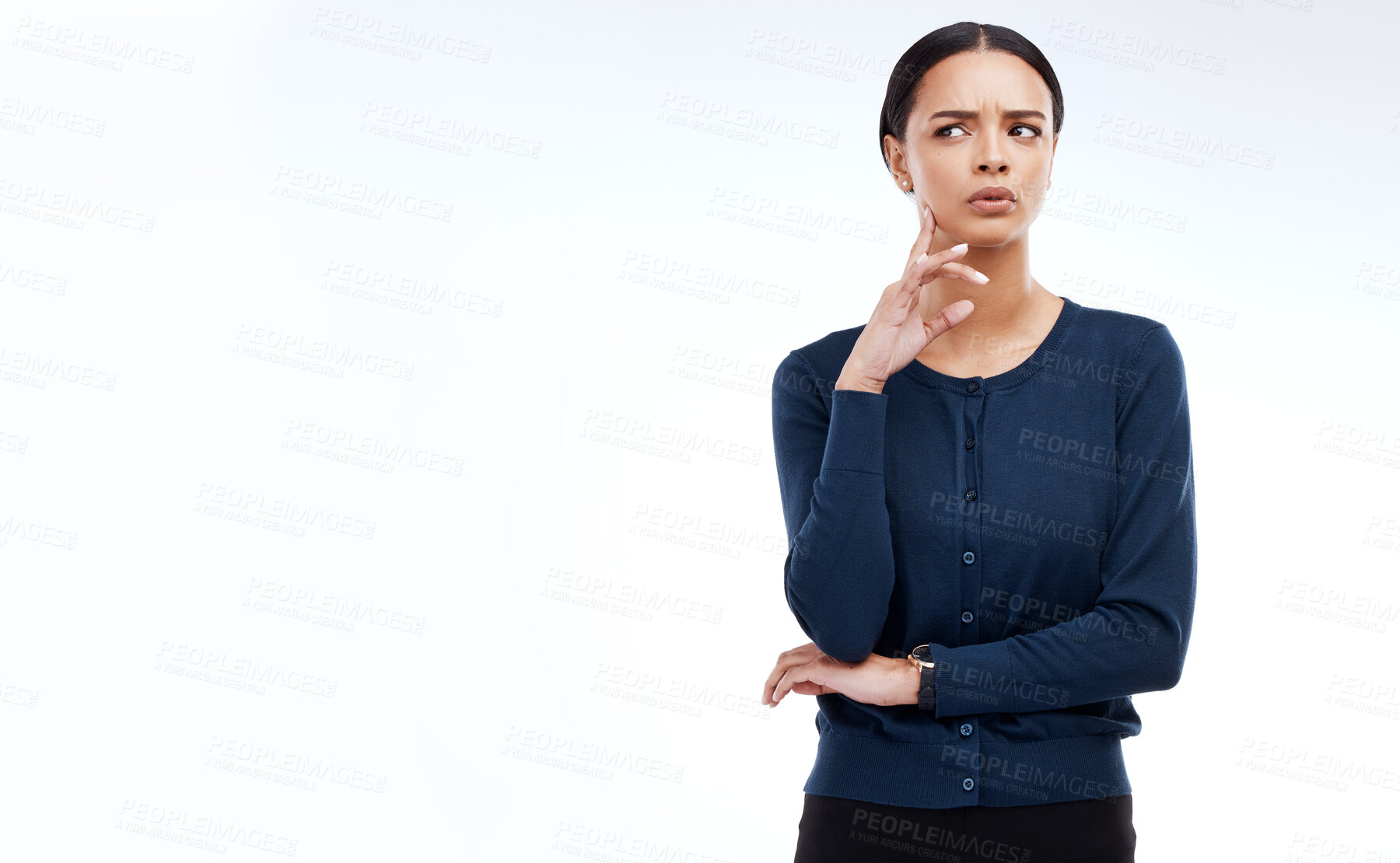 Buy stock photo Thinking, studio mockup or woman contemplating decision, problem solving solution or planning ideas. Pensive, thoughtful and person focus on plan, strategy idea or mock up choice on white background