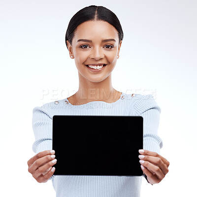 Buy stock photo Mockup studio portrait, tablet or happy woman with sales promotion, advertising copy space or discount deal mock up. Brand presentation female, logo or tech device screen on isolated white background