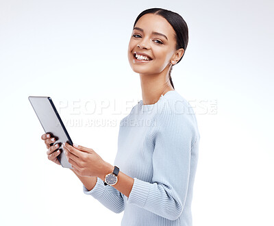 Buy stock photo Woman, tablet and studio portrait by white background for planning, schedule and smile for website. Girl, student and excited on mobile touchscreen app for research, calendar or social network chat