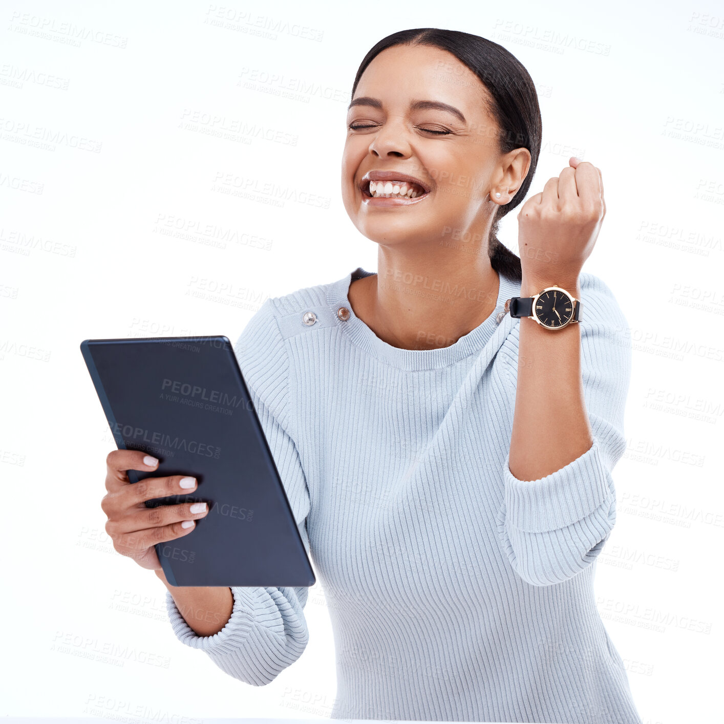 Buy stock photo Fist pump celebration, tablet winner and happy woman celebrate victory news, winning achievement or profit success. Cheers, bonus salary announcement and excited studio person on white background