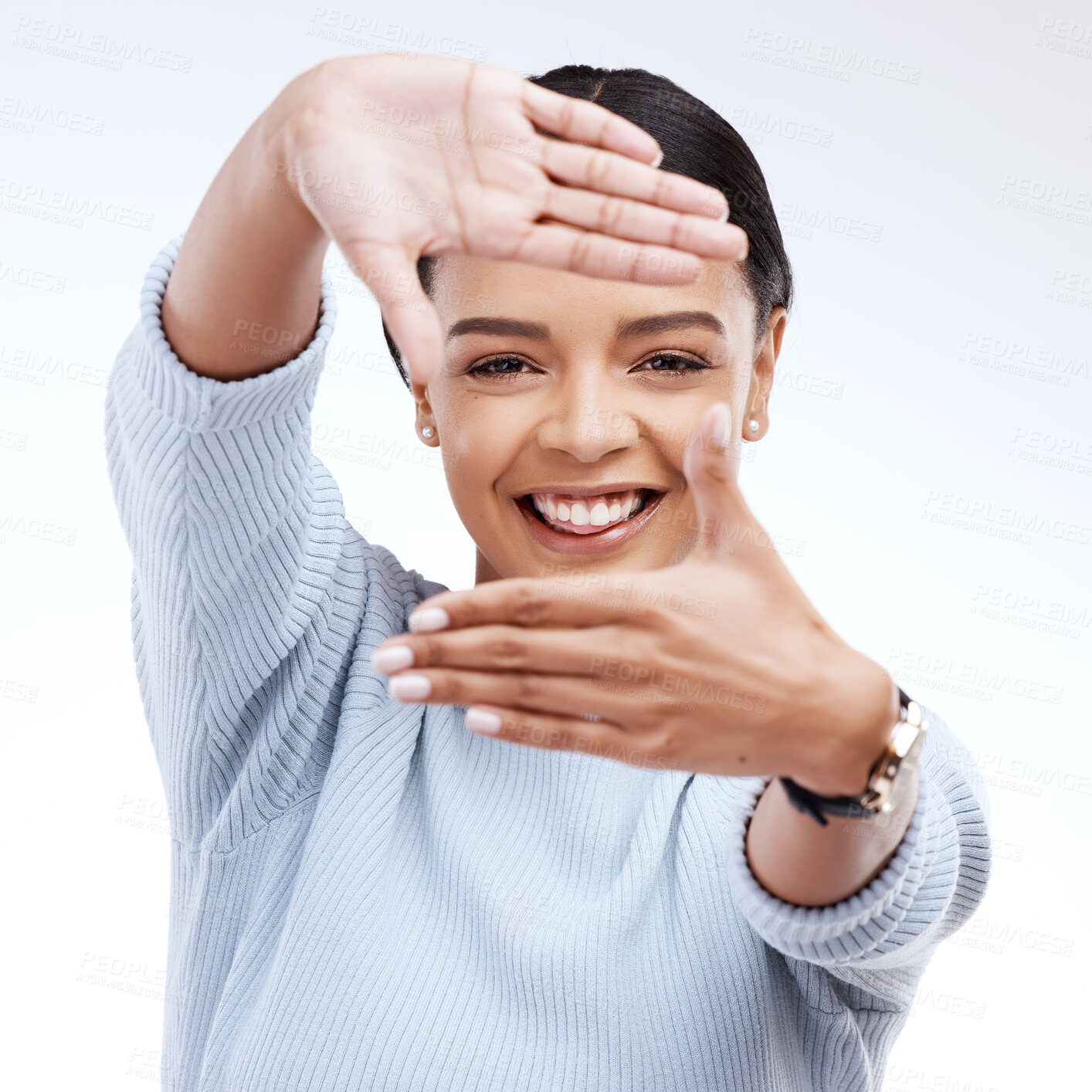 Buy stock photo Frame face, hands and portrait of woman on white background for beauty, cosmetics and natural makeup. Fashion, perspective and happy girl isolated with confidence, smile and studio photography focus