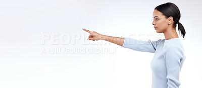 Buy stock photo Mock up woman, studio profile and pointing at sales promotion, advertising space or discount deal mockup. Commercial branding, marketing gesture or product placement female on white background banner