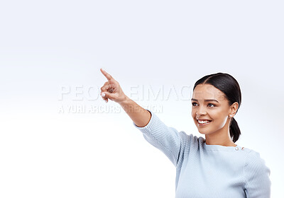 Buy stock photo Mock up, happy and studio woman point at direction mock up, sales promotion information or advertising copy space. Brand commercial offer, presentation or female marketing gesture on white background