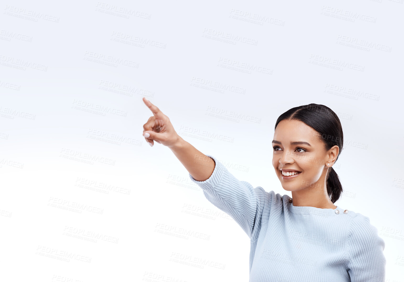 Buy stock photo Mock up, happy and studio woman point at direction mock up, sales promotion information or advertising copy space. Brand commercial offer, presentation or female marketing gesture on white background