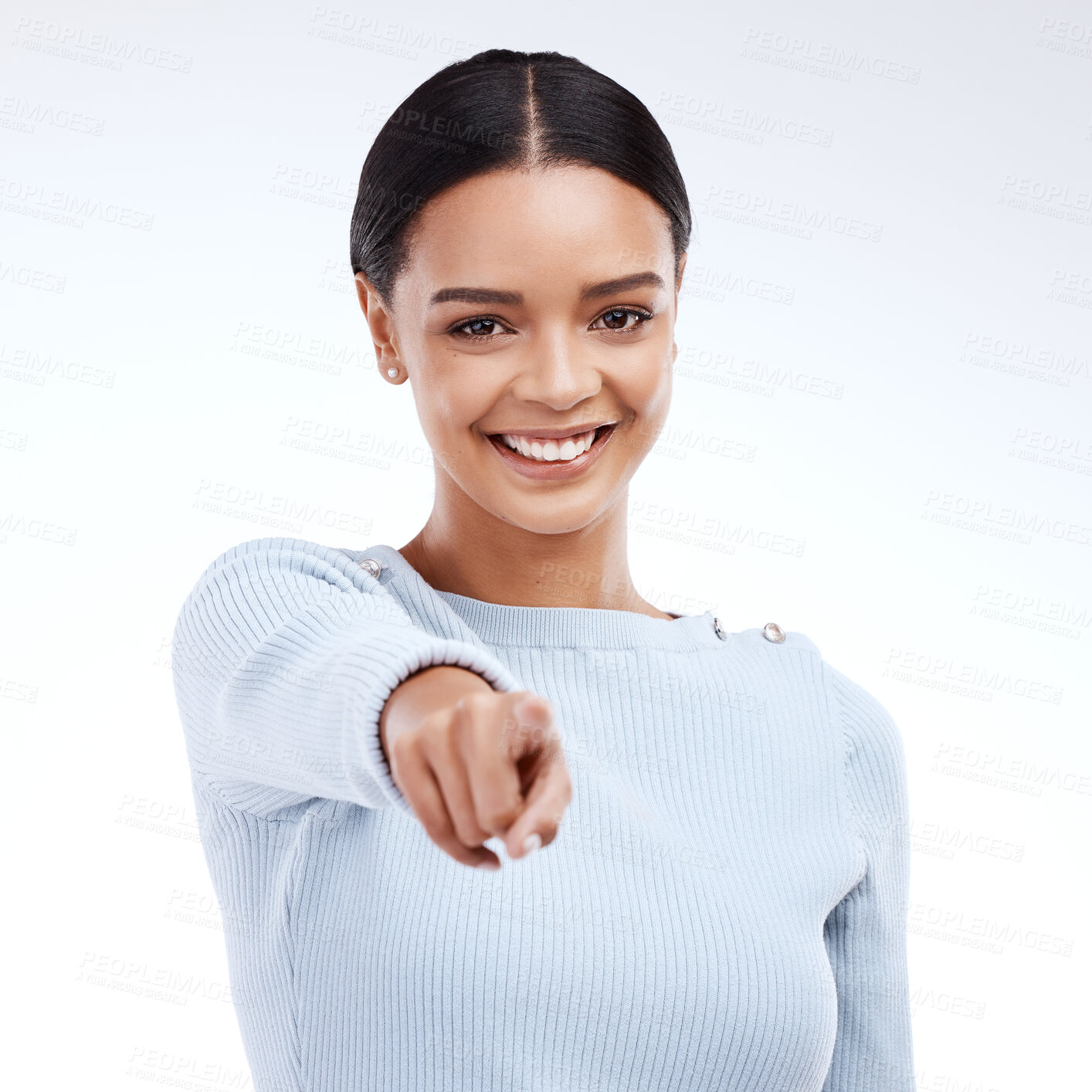 Buy stock photo Portrait, smile and woman pointing to you, motivation and decision against white studio background. Face, female and person with gesture, choice and promotion with happiness, opportunity or selection