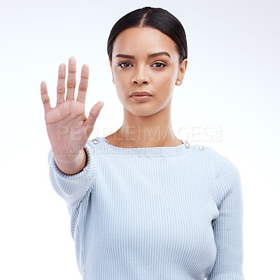 Buy stock photo Stop, hand and warning with portrait of woman in studio for protest, opinion and fight. Sign, voice and rejection with female isolated on white background for protection, defense and prohibition